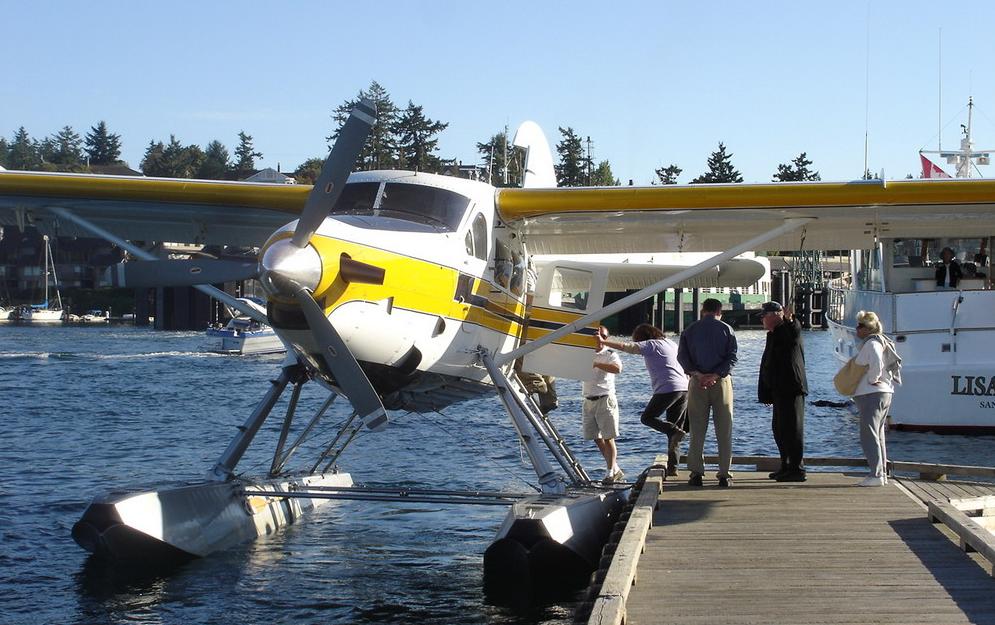 Visitors boarding a seaplane at the Port of Friday Harbor